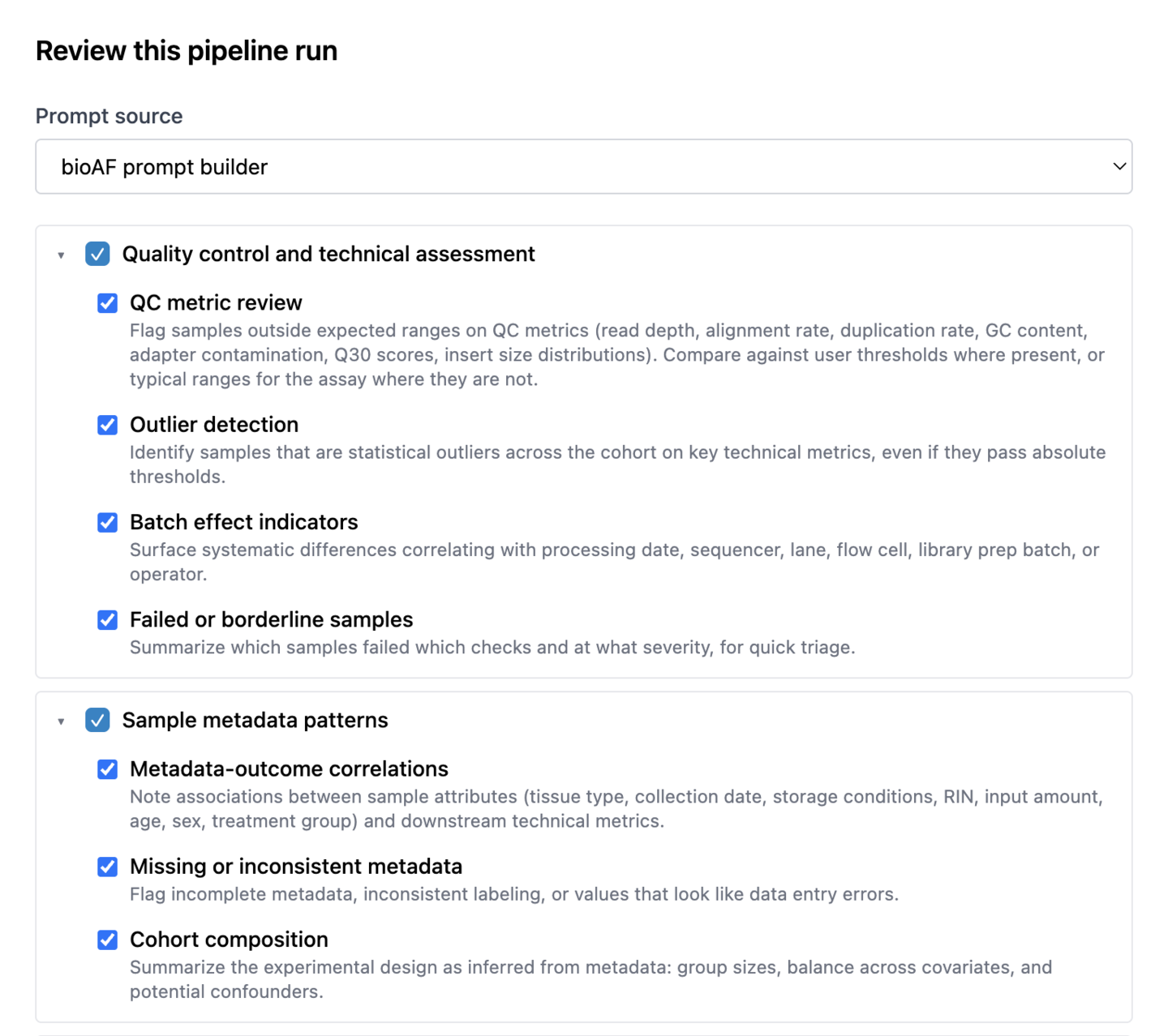 Section builder for an AI review
