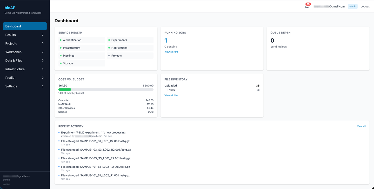bioAF dashboard showing active runs, notebook sessions, and recent activity