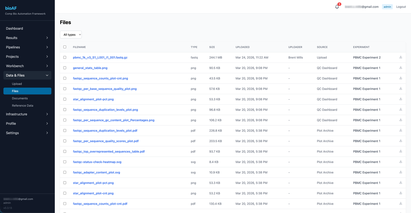 File browser with experiment-organized file tree, metadata columns, and download buttons