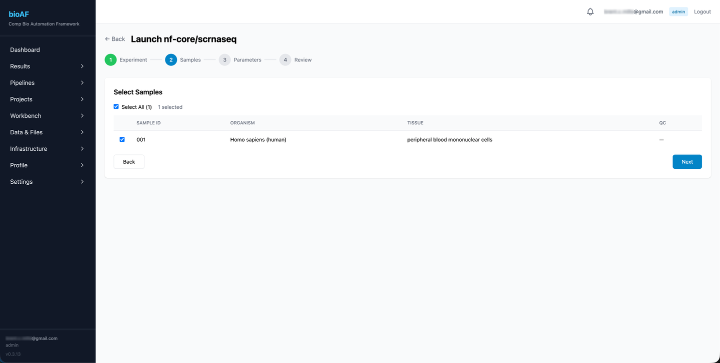 Pipeline launch form with experiment selection and parameter configuration