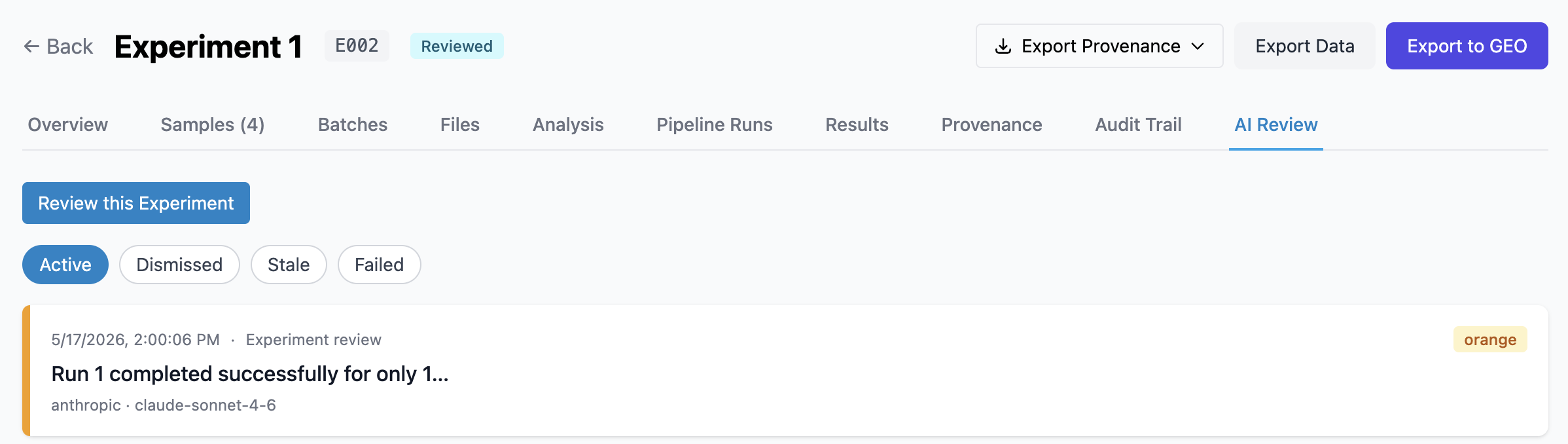 AI Review tab on an Experiment