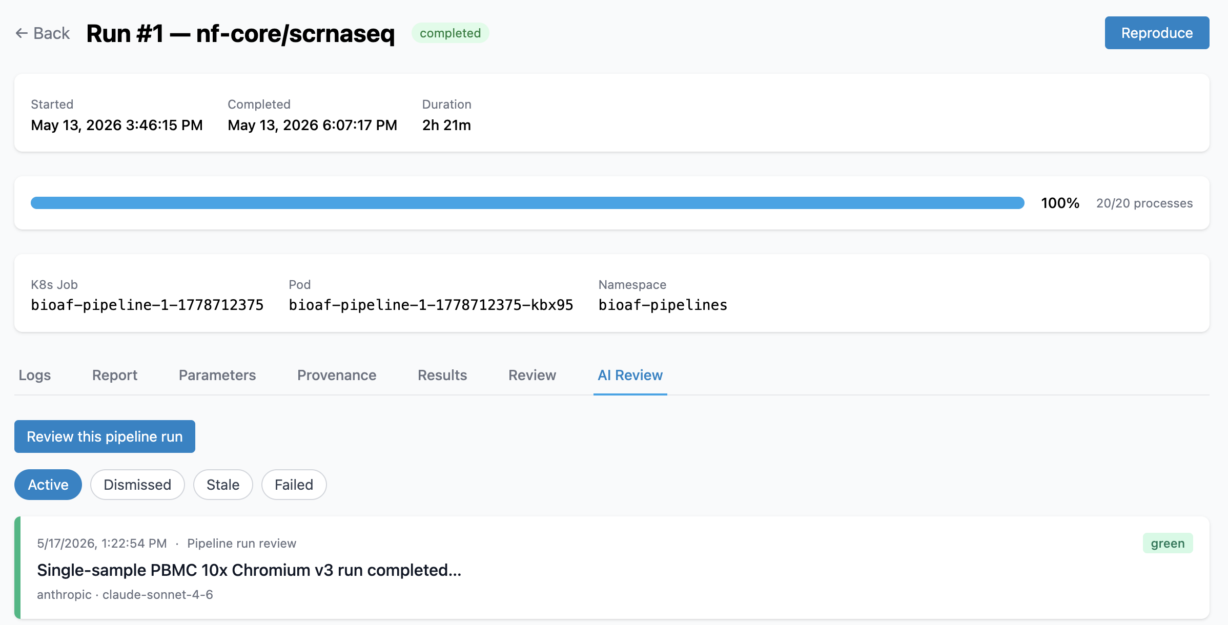 AI Review tab on a Pipeline Run