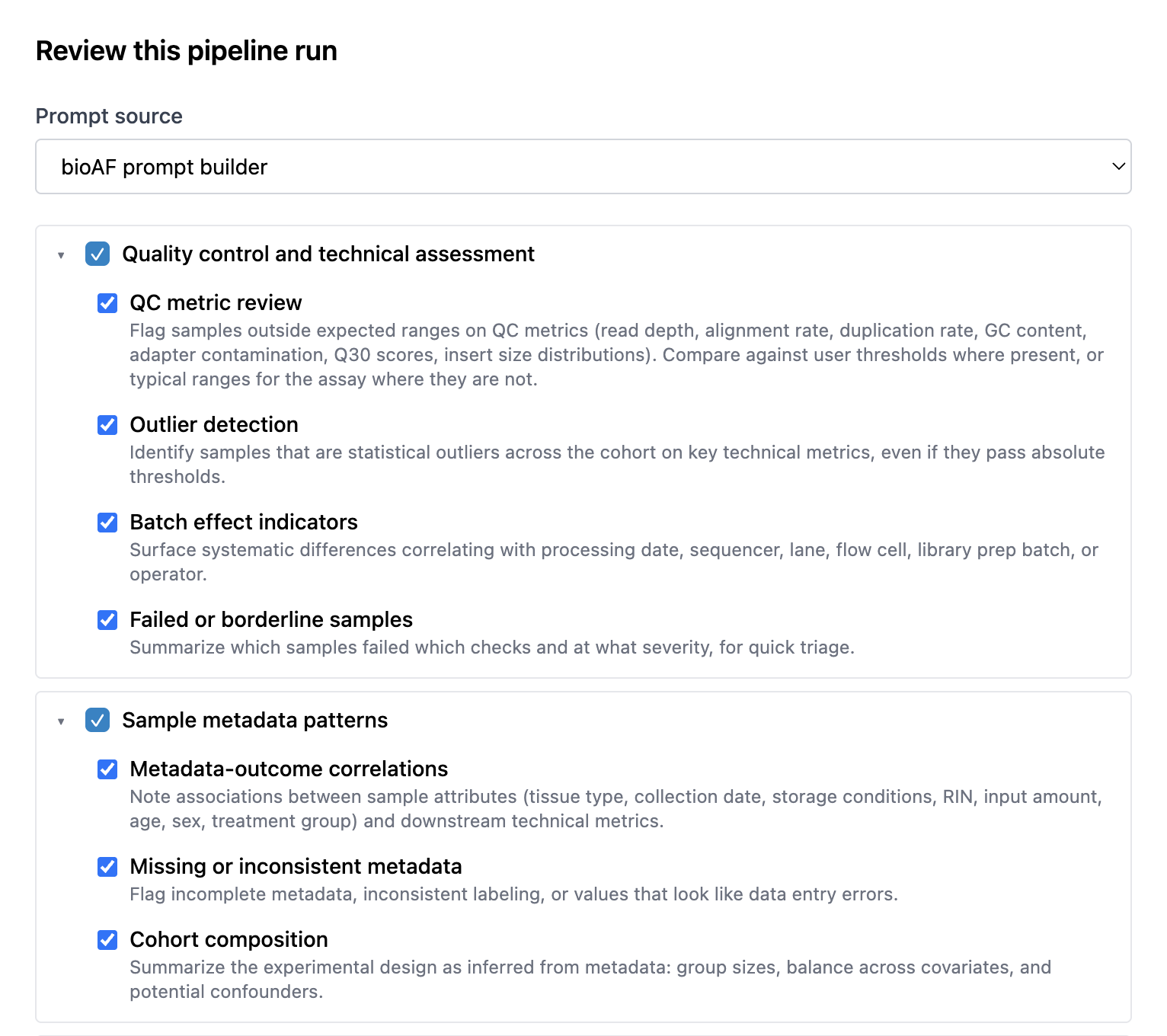 Section builder for an AI review