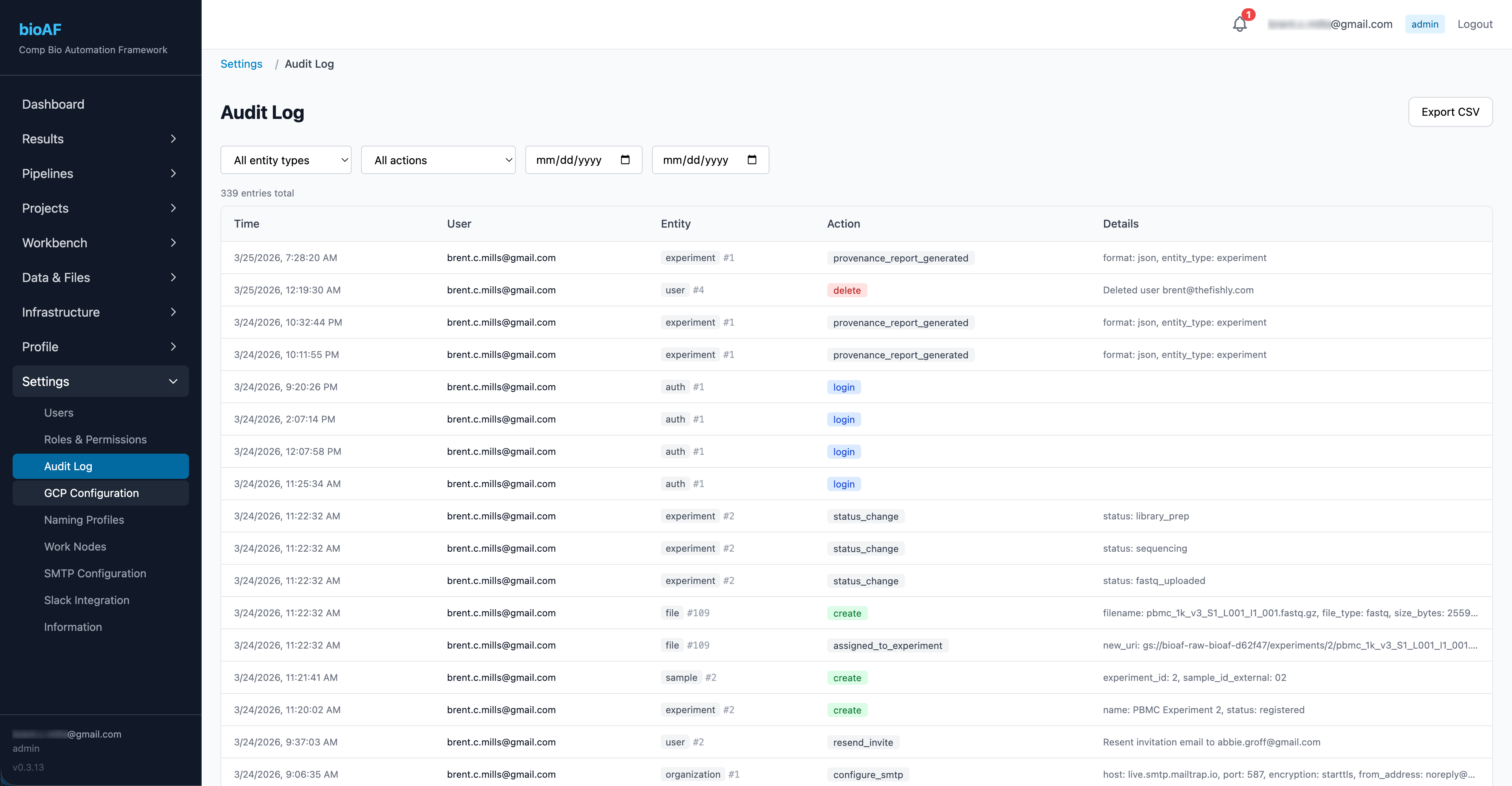 Audit log showing filterable list of events with user, action, resource, and timestamp
