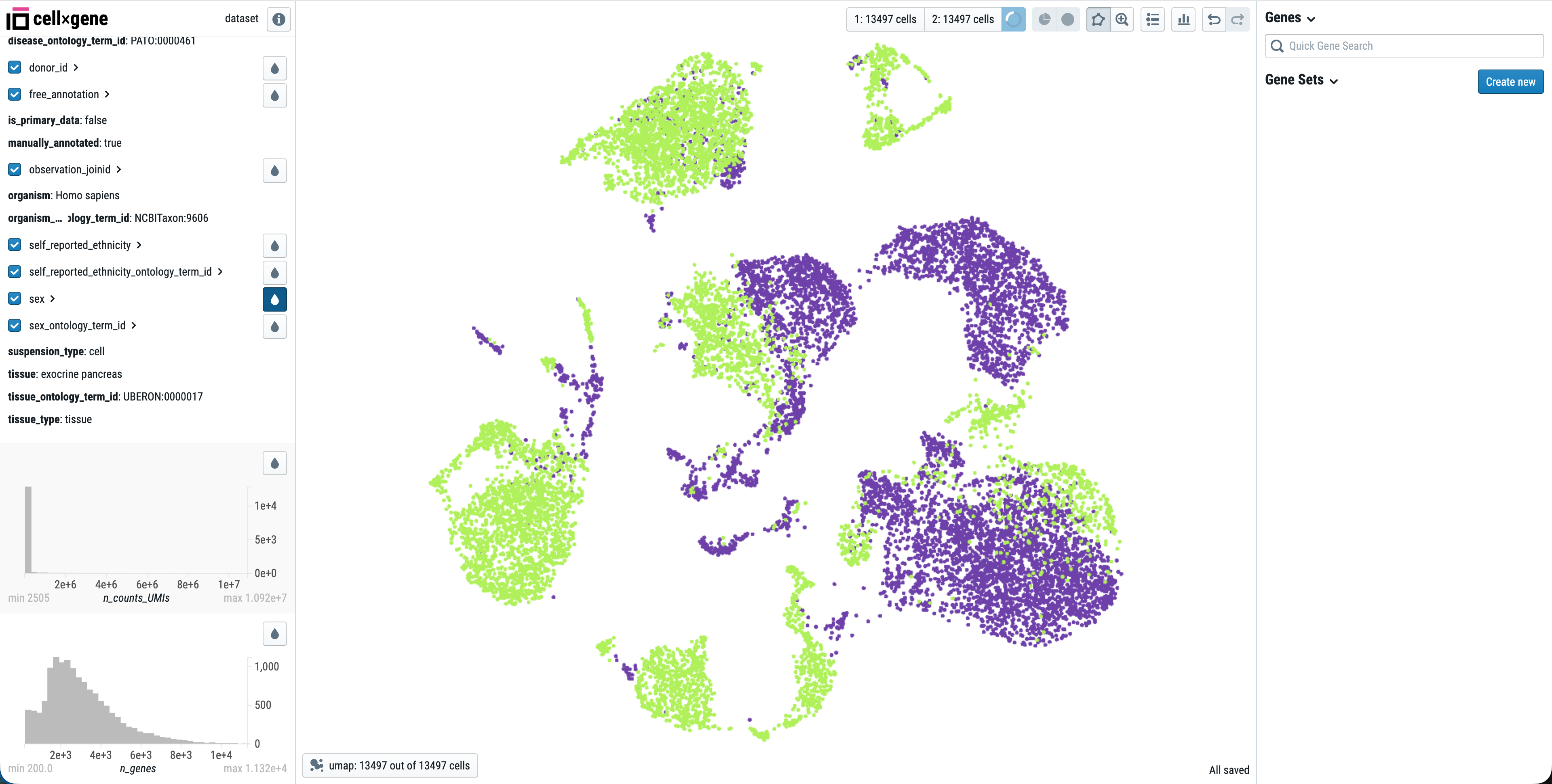CellxGene Discover showing UMAP embedding colored by cell type clusters