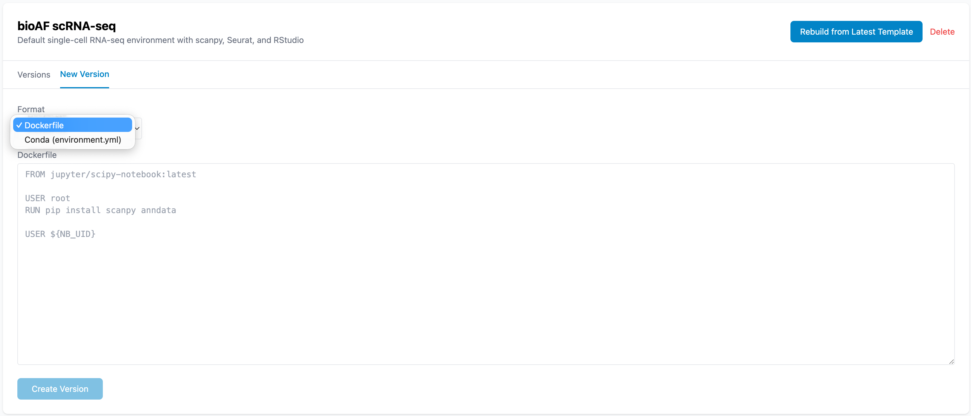 Environment Dockerfile and conda spec options