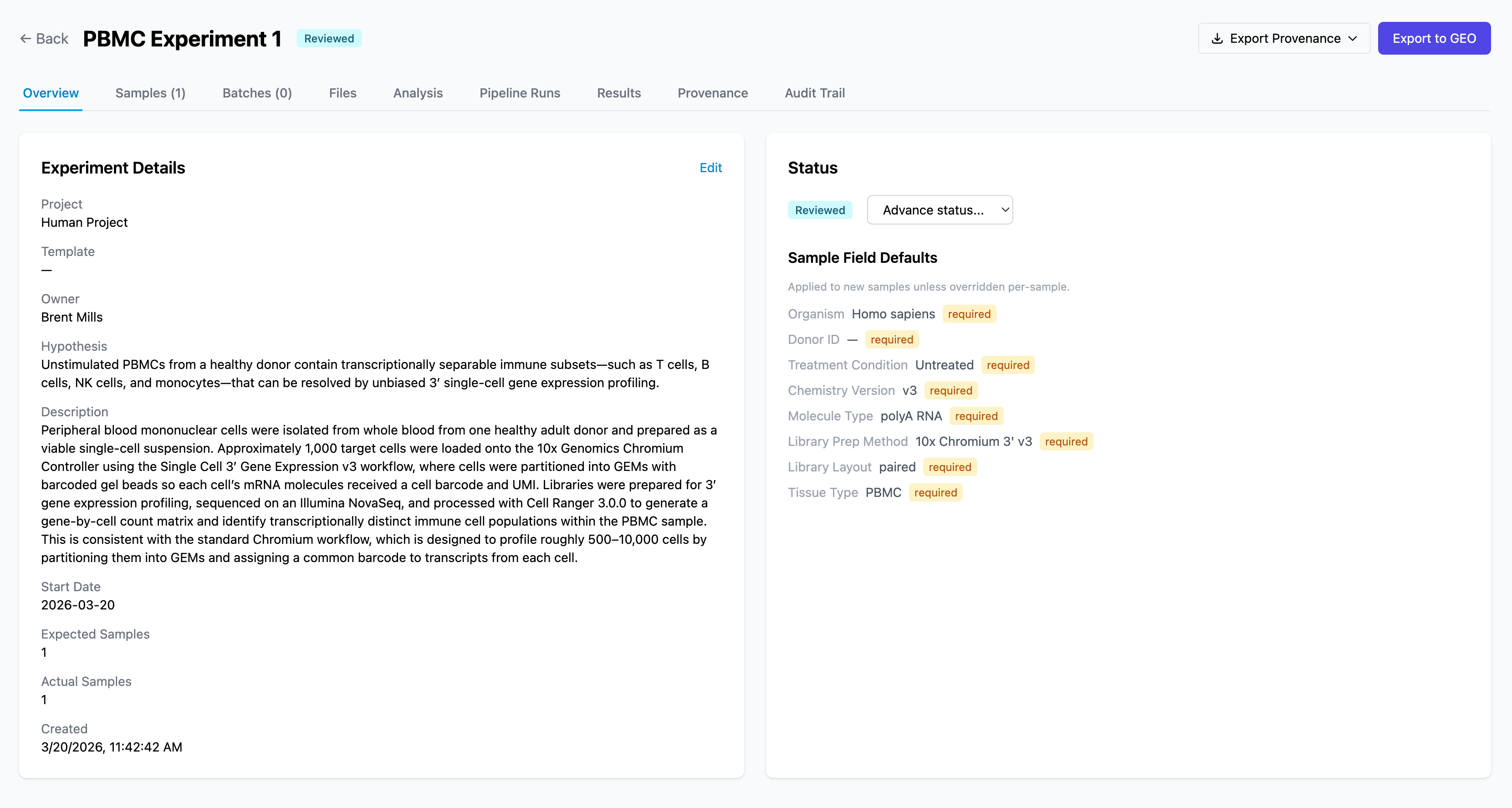 New Experiment form with metadata fields