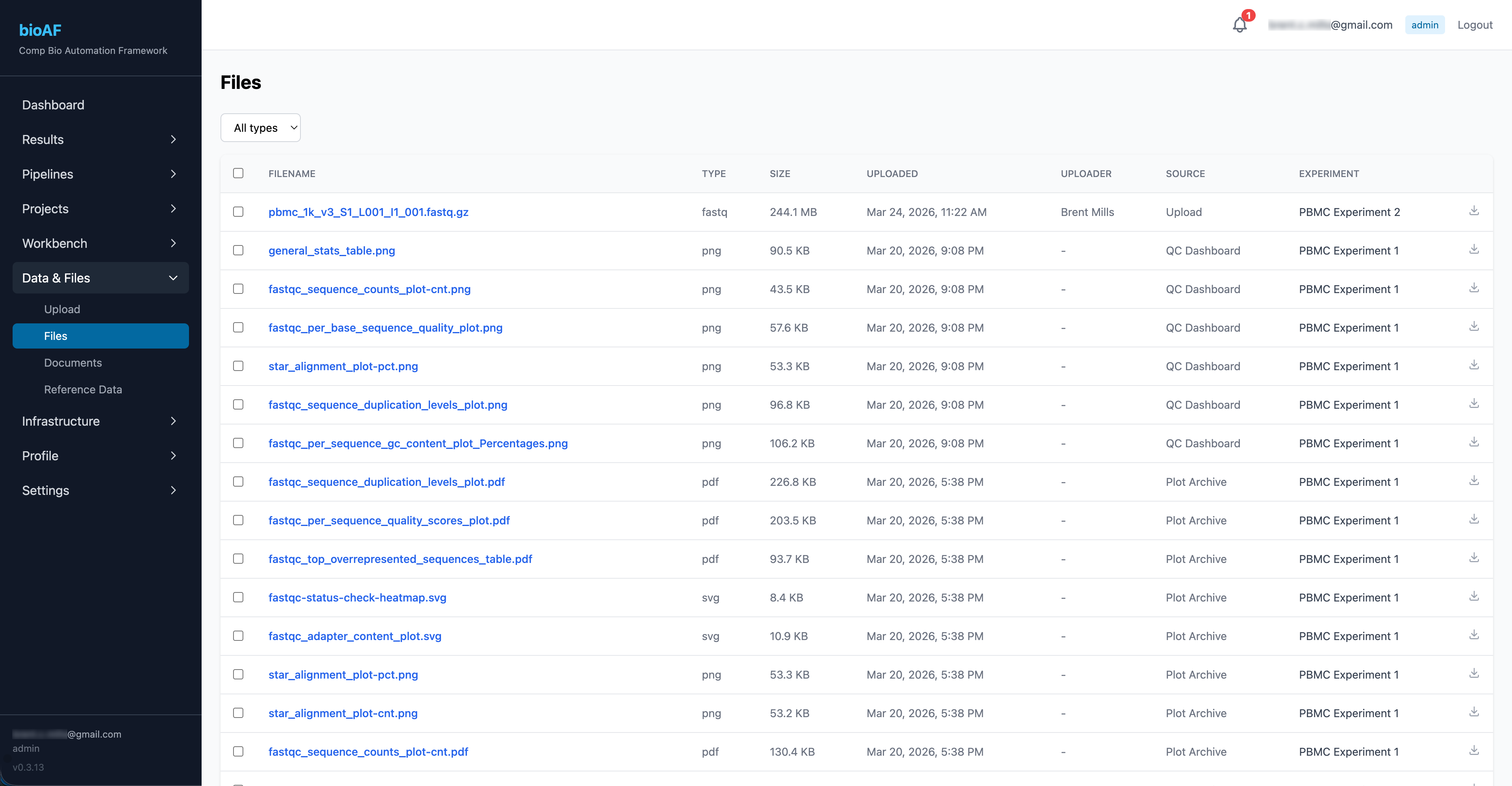 File browser with experiment-organized file tree, metadata columns, and download buttons