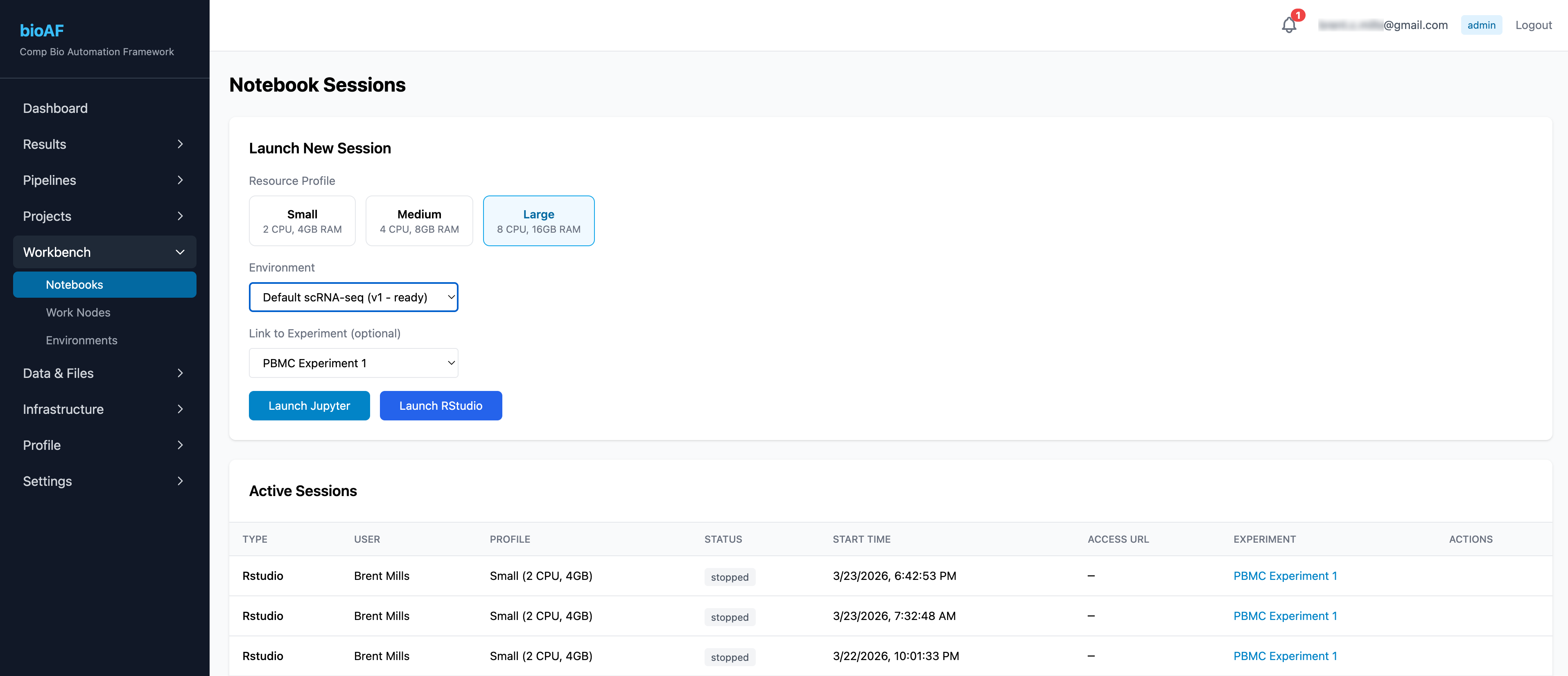 Notebook Sessions page showing active sessions with environment versions and resource usage