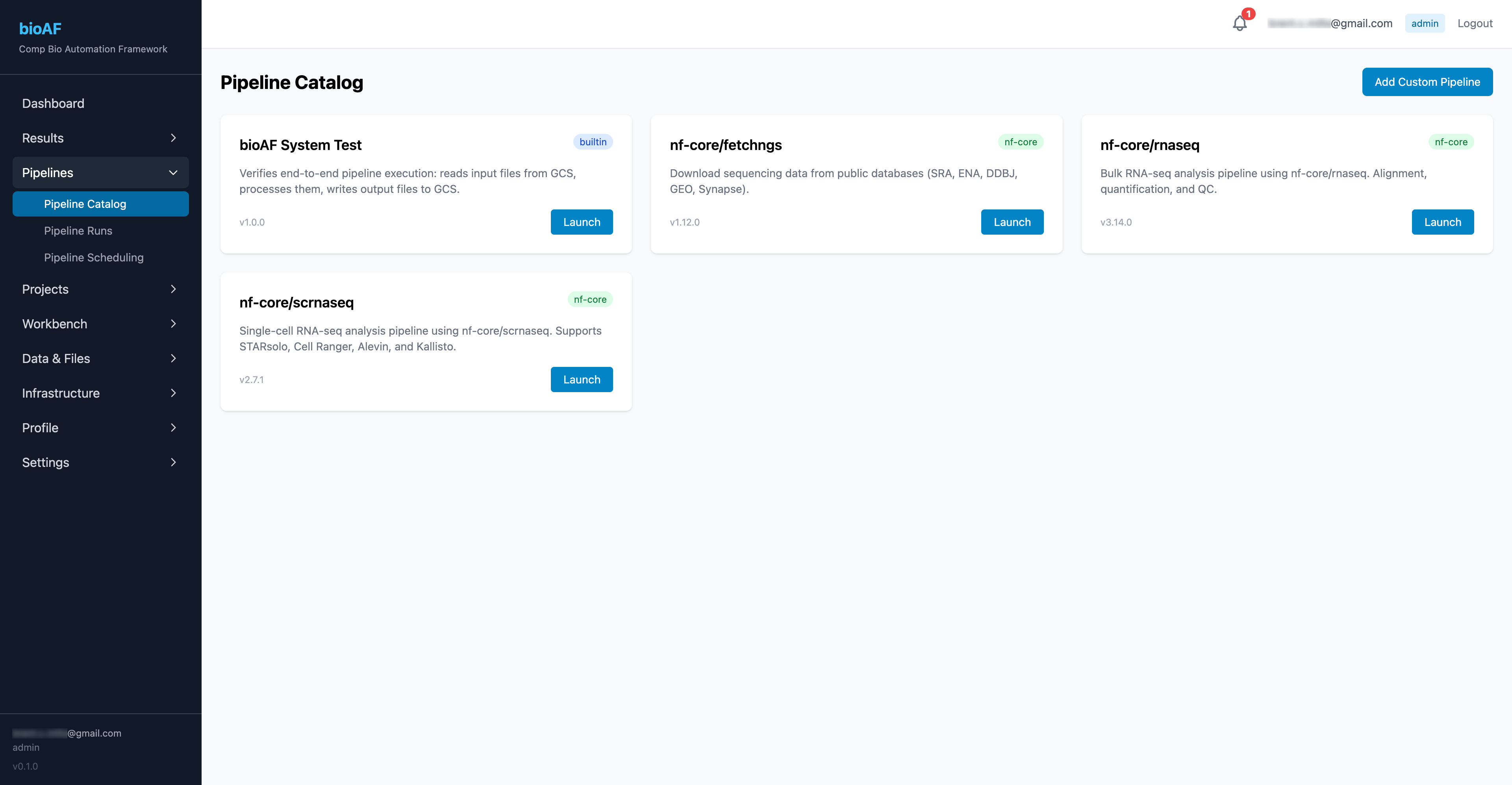 Pipeline catalog showing available workflows with descriptions