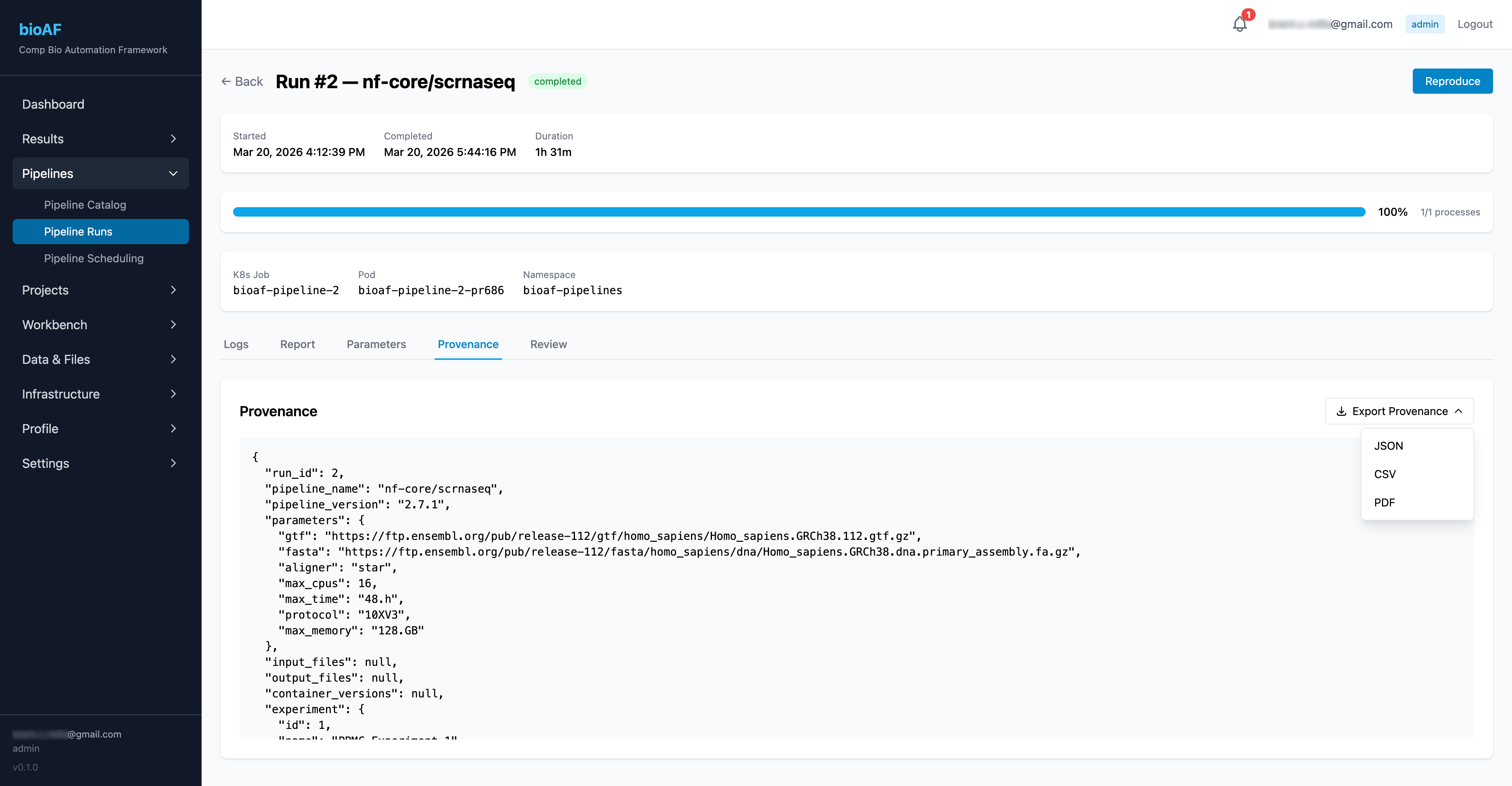Pipeline run detail page showing DAG visualization, stage statuses, and progress