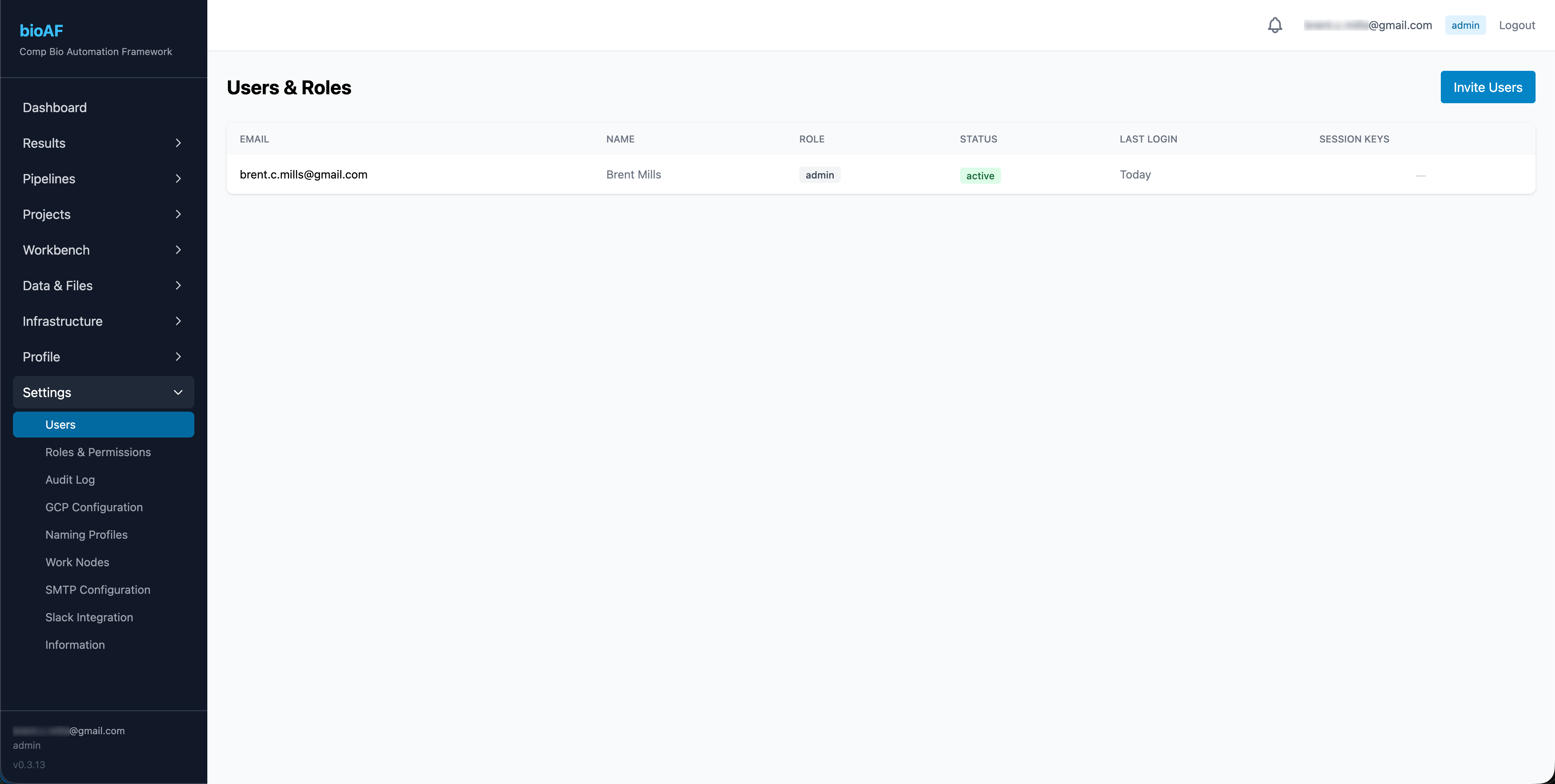 User management page showing team members with roles